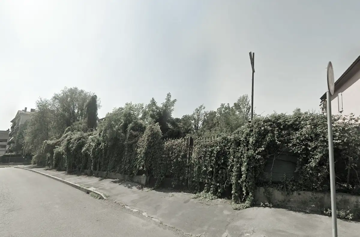 Residential street with a tall hedge and climbing vines along a fence, sidewalk on the left, and a satellite dish on the right side of a building.
