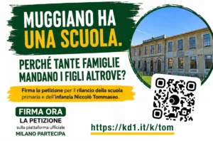 Poster urging Muggiano residents to sign a petition to keep the local school; includes a QR code and URL.