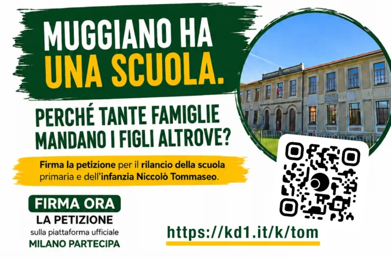 Poster urging Muggiano residents to sign a petition to keep the local school; includes a QR code and URL.