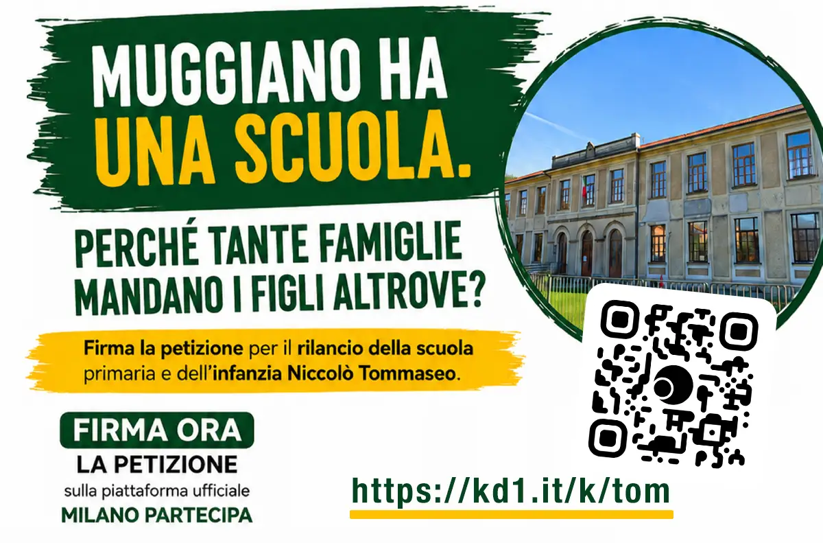 Poster urging Muggiano residents to sign a petition to keep the local school; includes a QR code and URL.